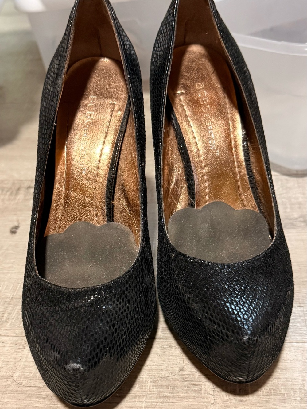 BCBGeneration Black Textured Pointed Toe Pumps with Subtle Sheen